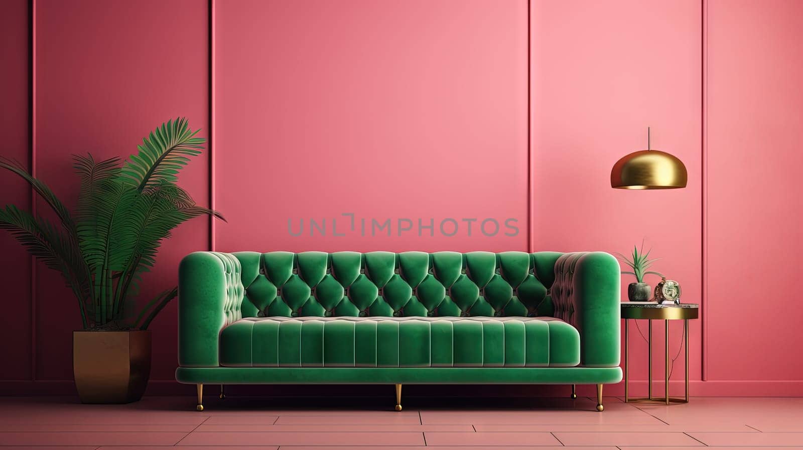 Interior with sofa in green and pink colors. Stylish contrasting colorful room with couch. Generated AI