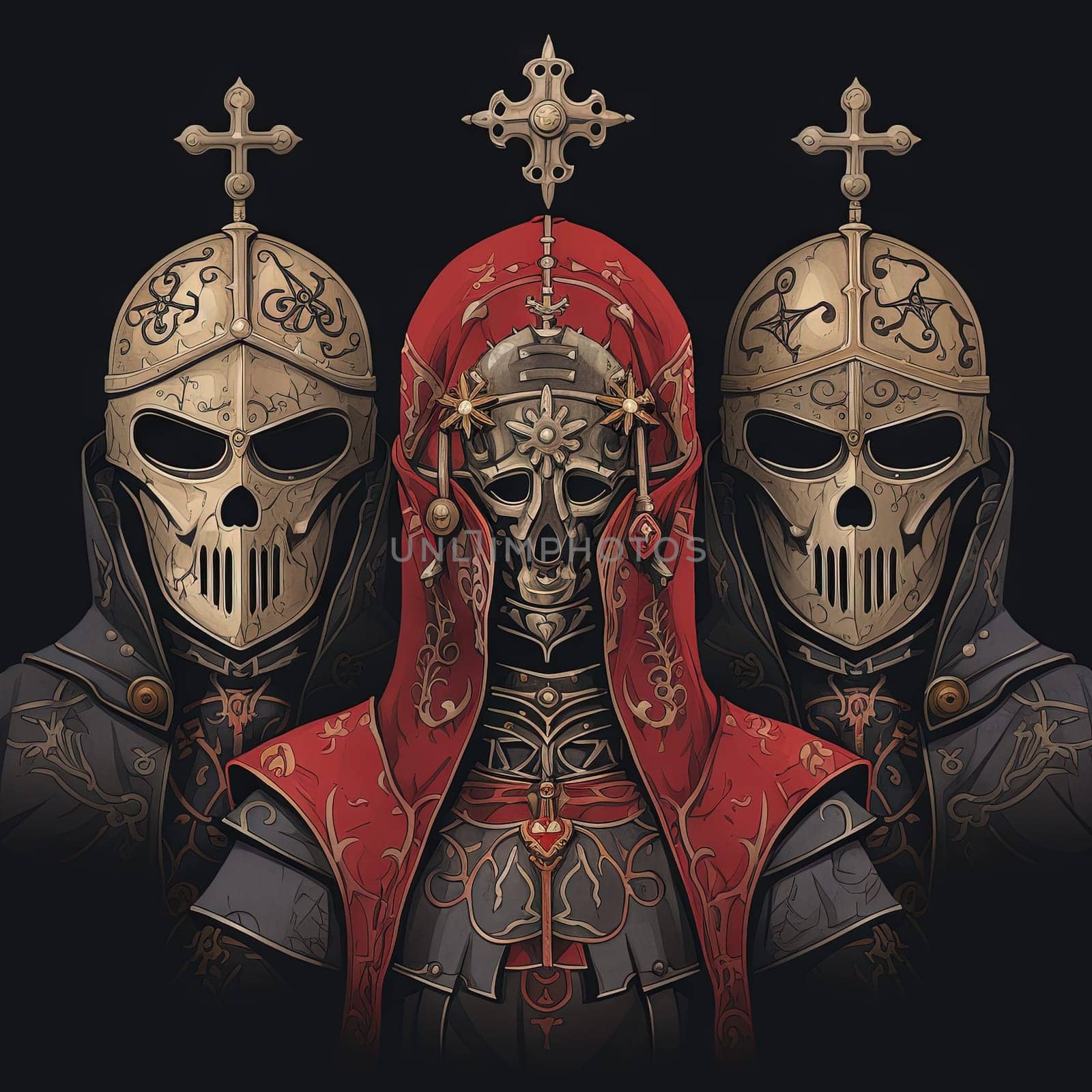 Mystic knight portraits in metal armor. Occult scary knights in medieval alchemy art style
