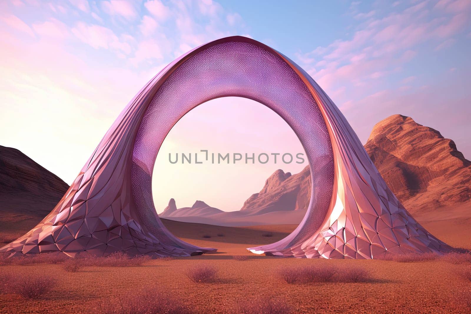 Surreal crystal gate or arc. Fictional architecture or sci-fi object in the desert. Generated AI