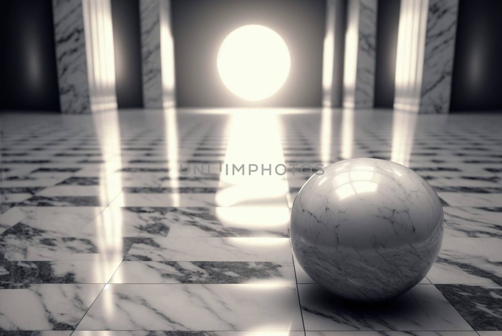 Abstract marble room with shiny lights. Interior view with marble background and scenic lightning. Generated AI