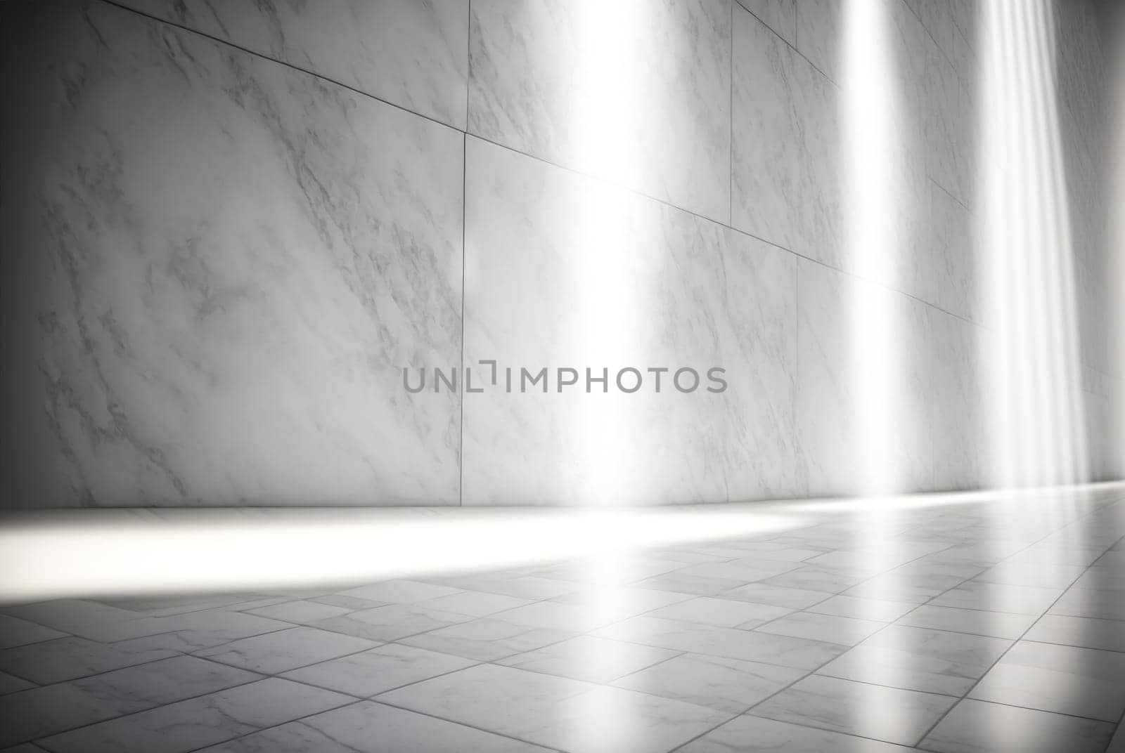 Abstract marble room with shiny lights. Interior view with marble background and scenic lightning. Generated AI