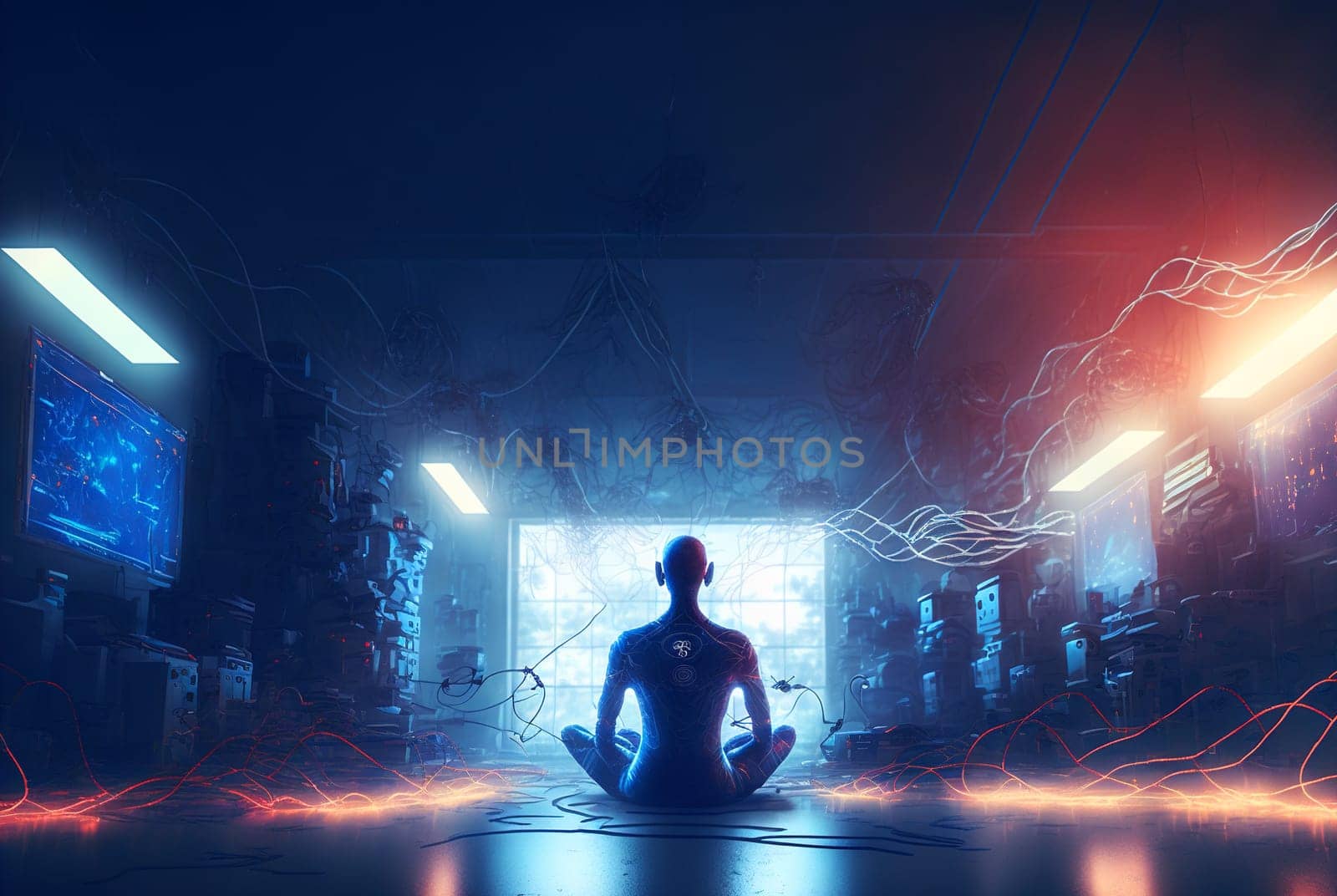 Digital era woman meditating in neon wires, with consciousness connected to the world via technological structure. Generated AI