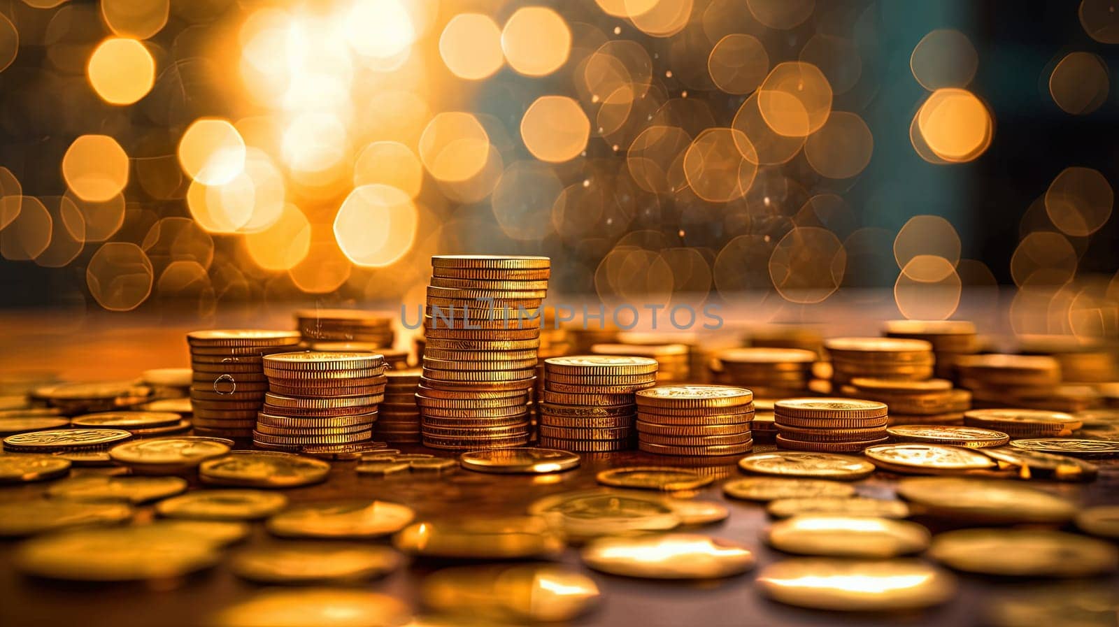 Money concept background with stacks of golden coins. Finance abstract with yellow coins. Generated AI
