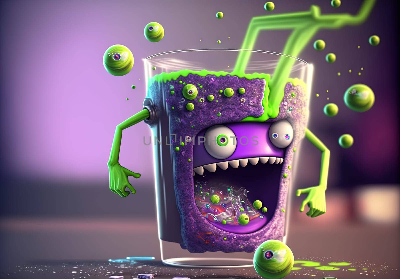 Funny monster juice. Cute glass of juice character with splashing fresh beverage. Generated AI