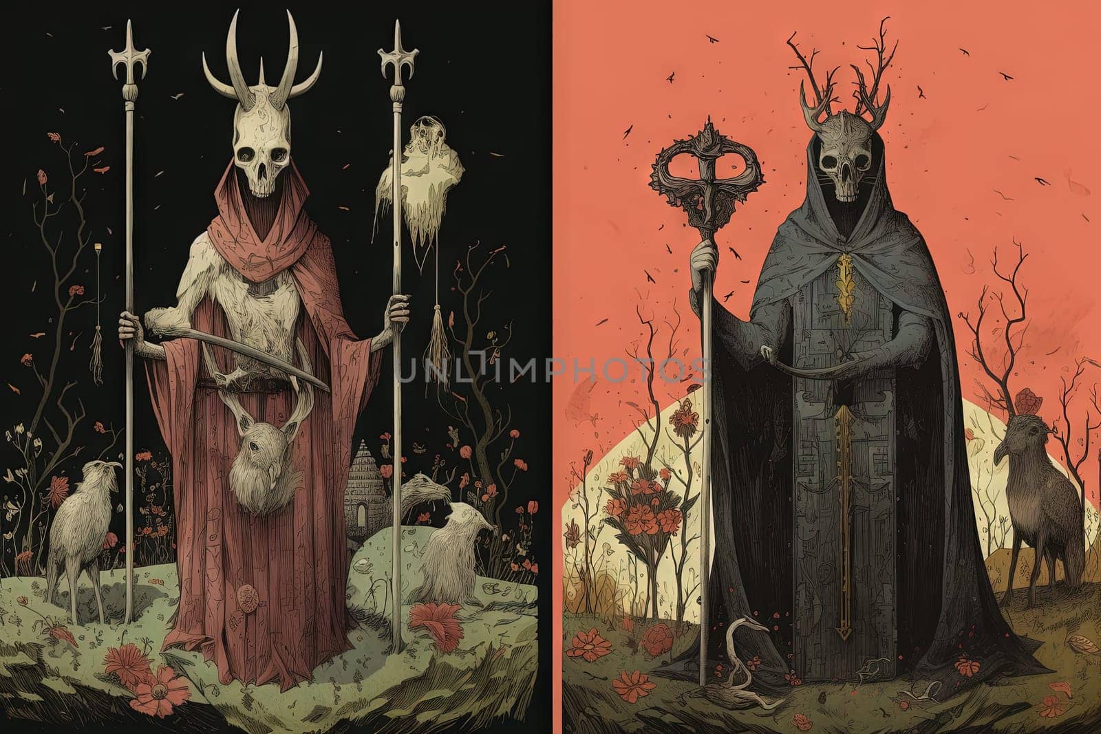 Medieval styled occult art with skeleton and monsters. Ancient icon or old book illustration with mystic religious scene. Generated AI
