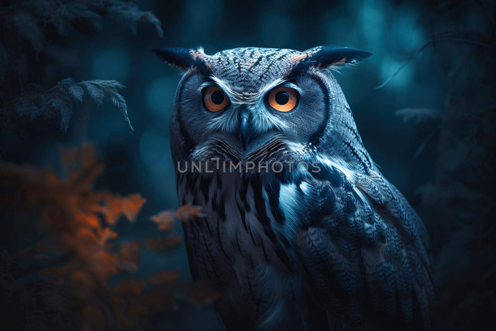 Wild owl in the forest. Colorful realistic style, wildlife element. Generated AI.