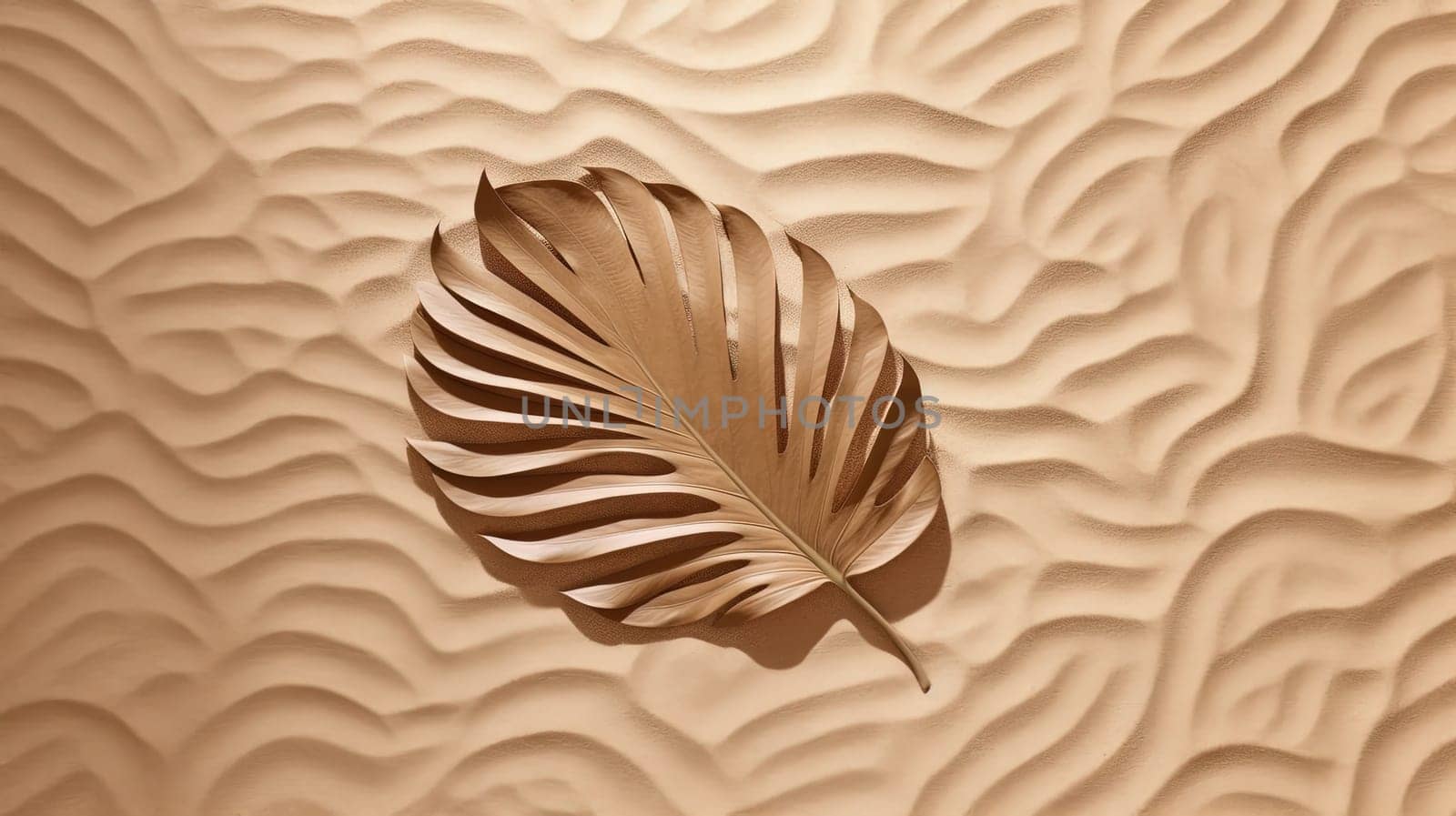 Plam leaf on the tropical beach sand. Vacation and relaxation concept with dry palm leaf on the hot summer beach. Generated AI. by SwillKch