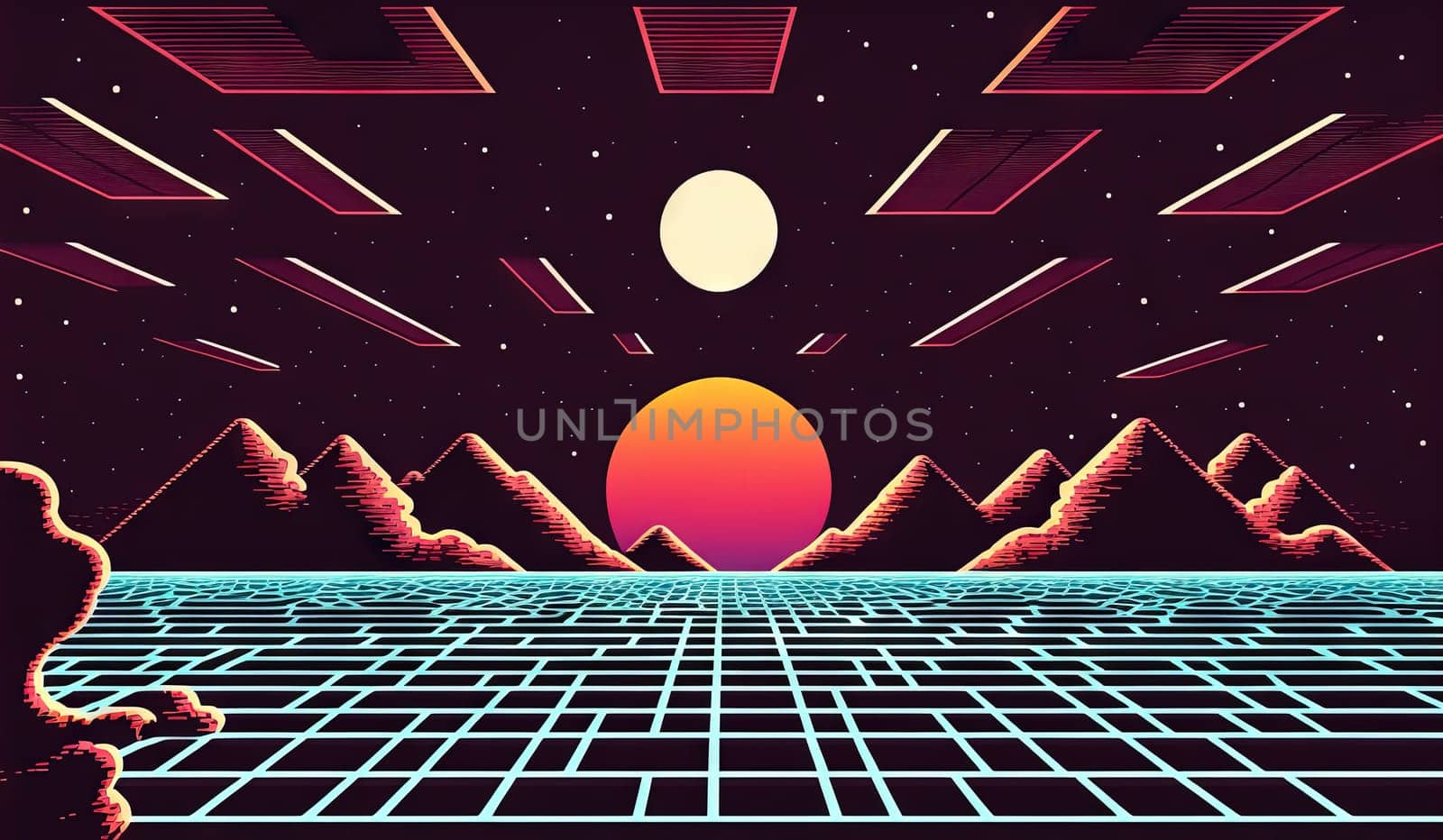 Retro styled sci-fi landscape with mountains. Retro futuristic science fiction illustration in drawing style with alien sun. Generated AI