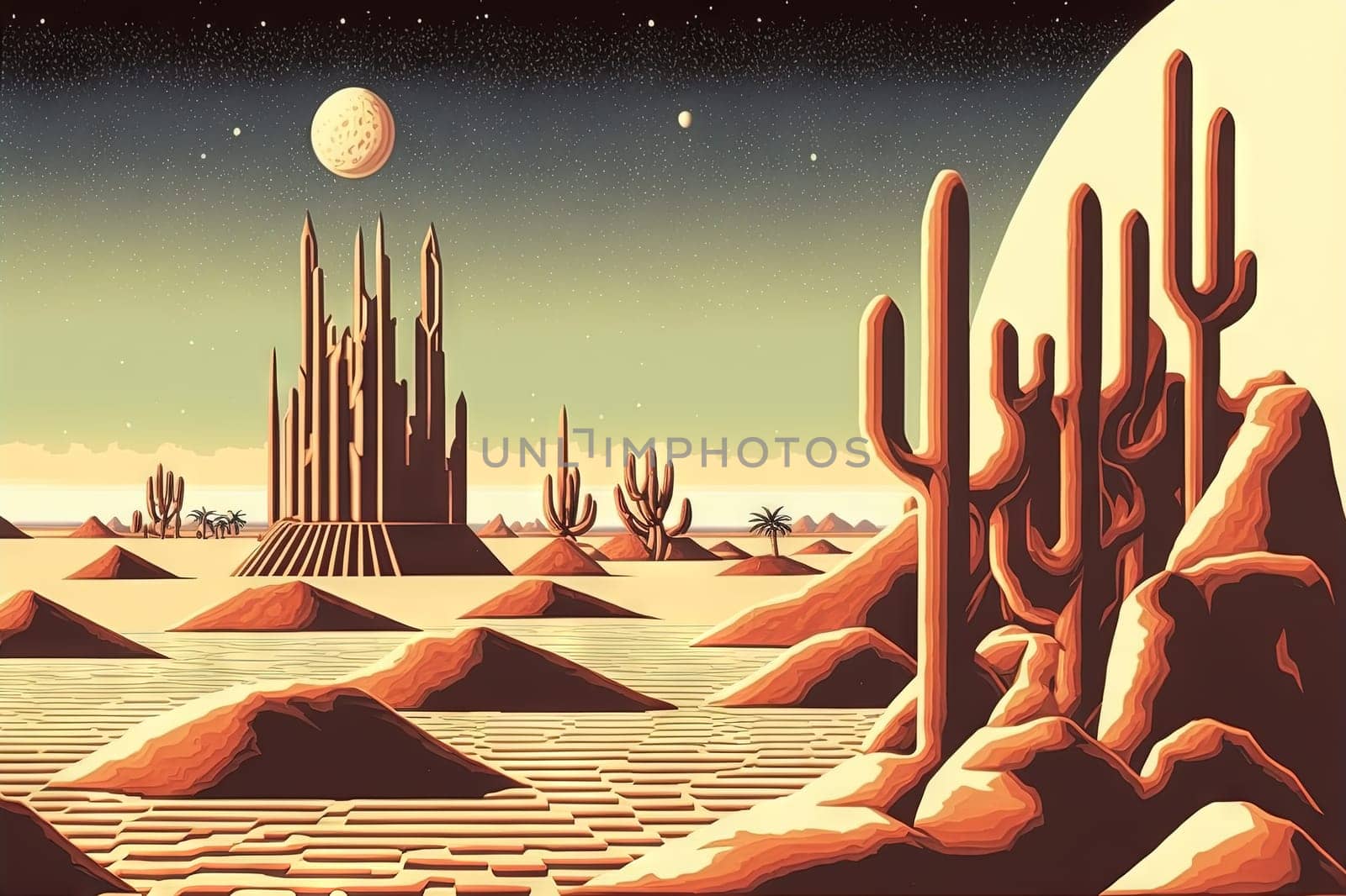 Retro styled sci-fi landscape with mountains. Retro futuristic science fiction illustration in drawing style with alien sun. Generated AI. by SwillKch