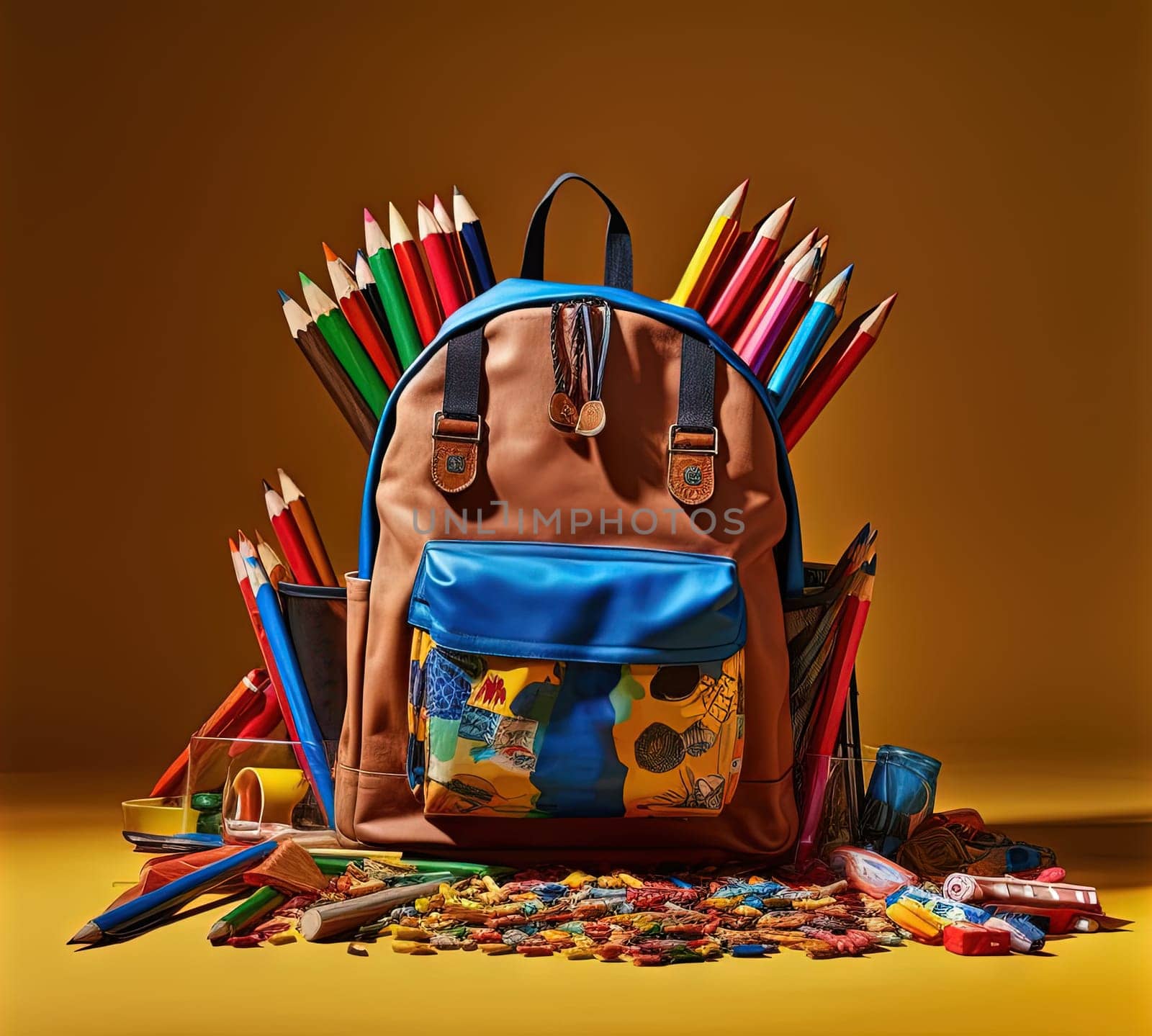 School backpack with colorful learning supplies. Back to school concept. Generated AI. by SwillKch