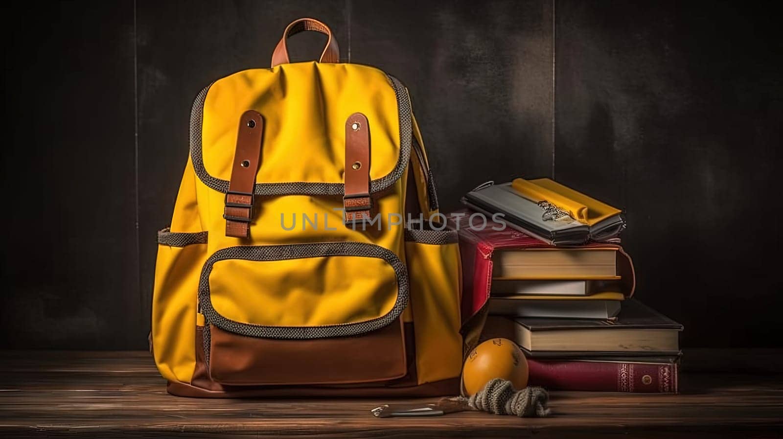 School backpack with colorful learning supplies. Back to school concept. Generated AI