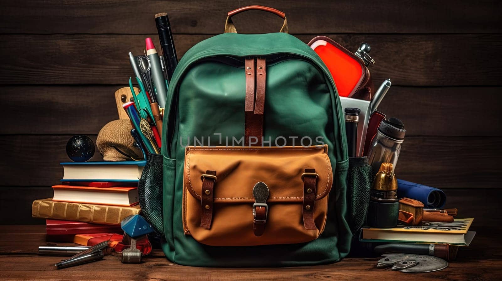 School backpack with colorful learning supplies. Back to school concept. Generated AI