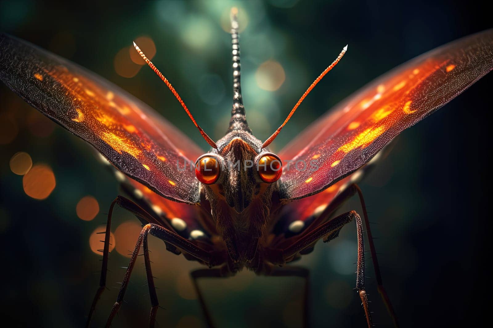 Alien butterfly from outer space looking at the camera. Cute alien insect macro image. Generative AI