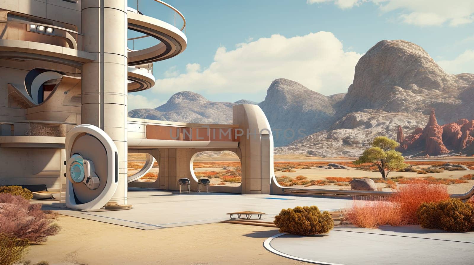 Retro futuristic architecture in sci-fi scene on the desert planet. Alien landscape with nostalgic retro future constructions. Generated AI. by SwillKch