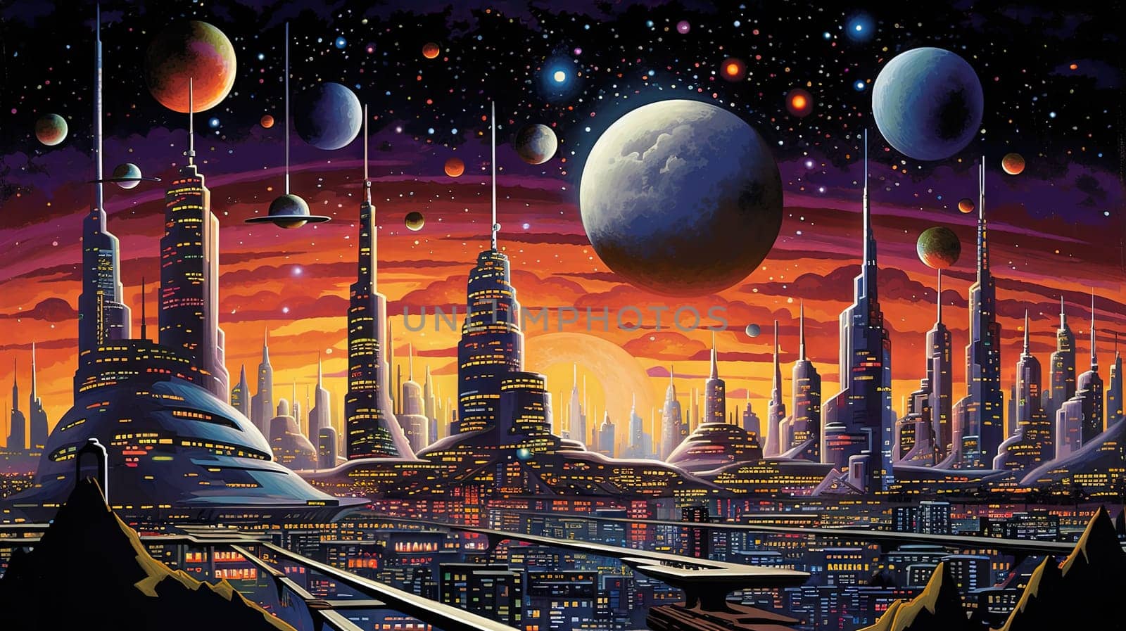 Retro futuristic city in the old school sci-fi art scene. Retro space landscape with city. Generated AI. by SwillKch