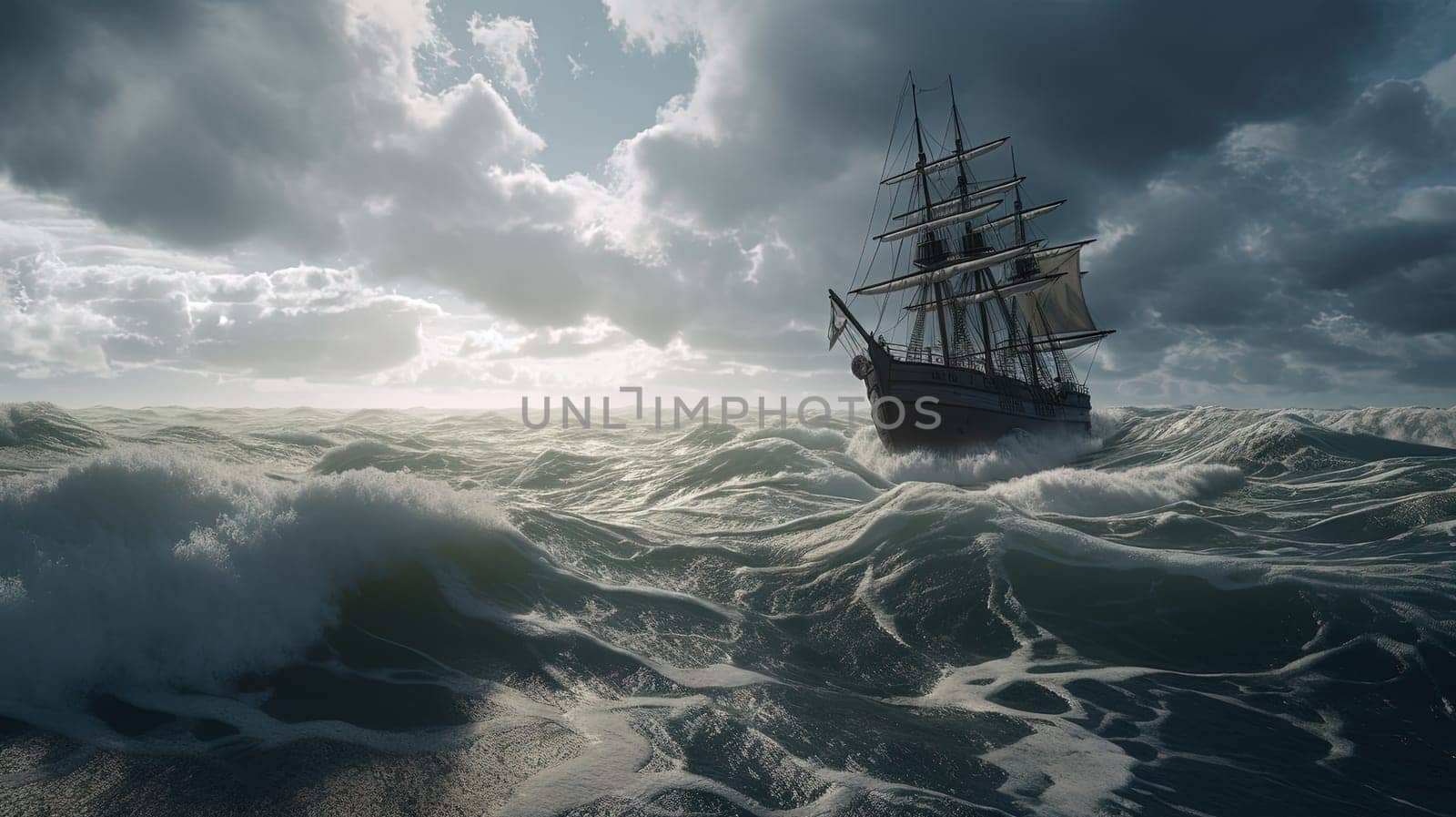 Ship in the stormy sea with huge waves. Giant stormy waves in the ocean and boat. Generated AI. by SwillKch