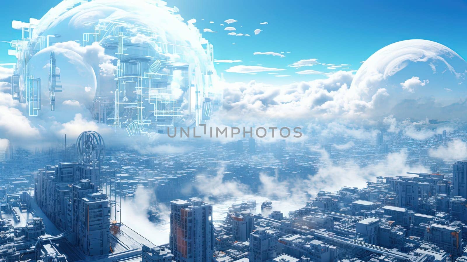 Concept of a digital city with cloud connections. Futuristic network in the clouds. Generated AI. by SwillKch