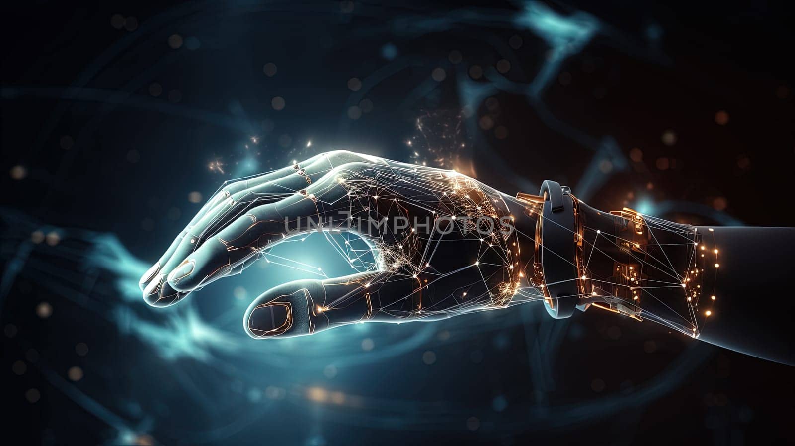 Robot hand technology concept with shiny electronic connections. Generated AI. by SwillKch