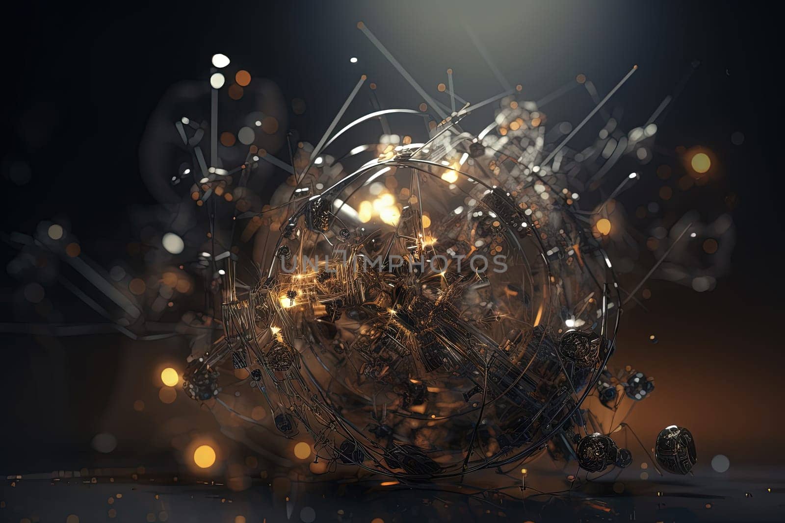 Abstract burst of wires and particles on technology background. Scientific abstraction with mess of wires. Generated AI