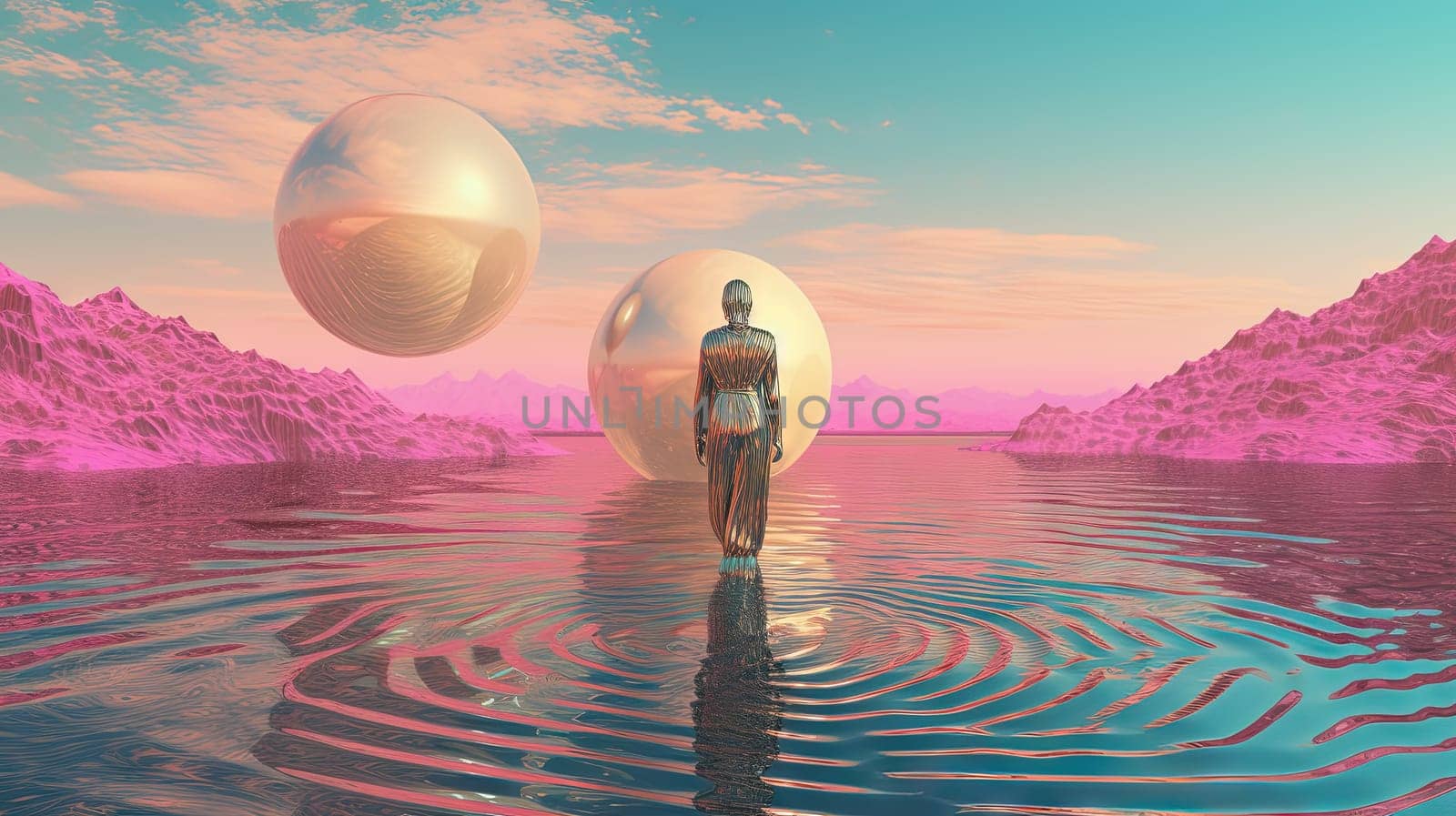 Surreal vaporwave scene with golden ball on the landscape with mountains and sea. 90s styled abstract surreal pink composition. Generated AI