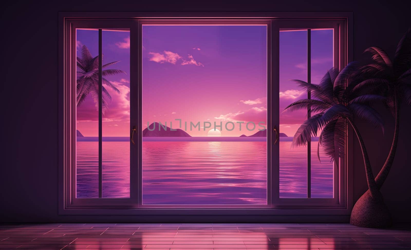 Open window with tropical landscape and ocean in vaporwave style. Purple sundown in 90s style room, vacation calmness frame. Generated AI