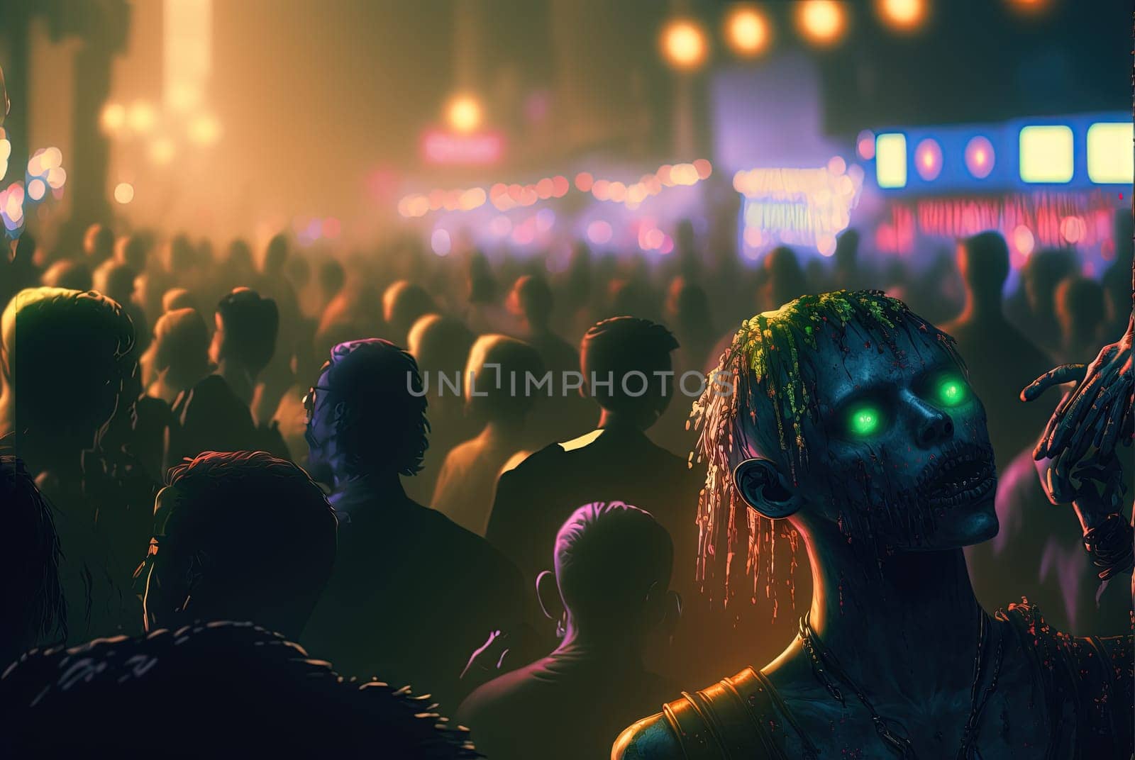 Zombies with scary faces in the crowd during the zombie apocalypse. Horror theme for Halloween or game party ad. Generated AI. by SwillKch