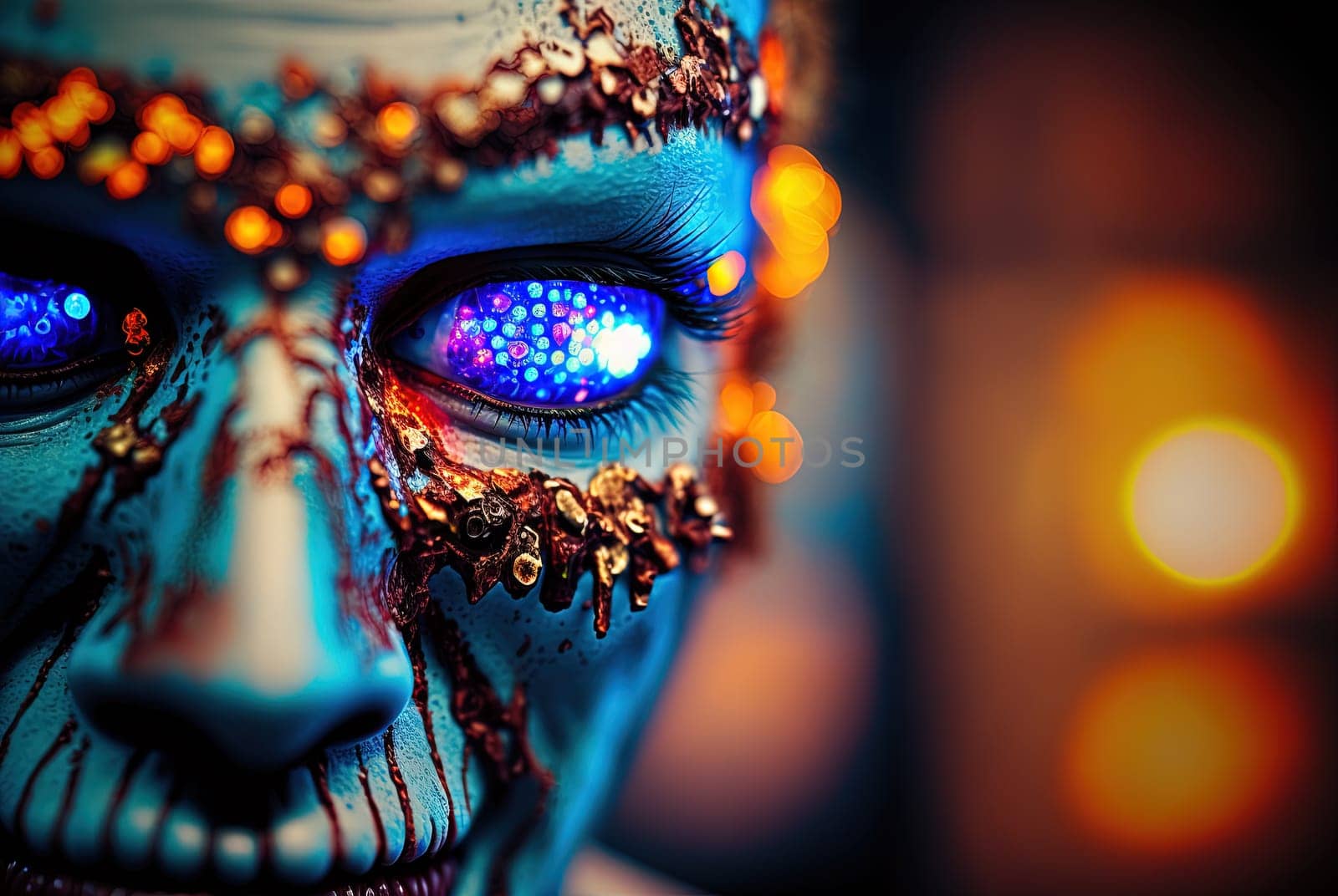 Techno zombie woth neon lights and shiny eyes. Cyberpunk horror party concept. Generated AI
