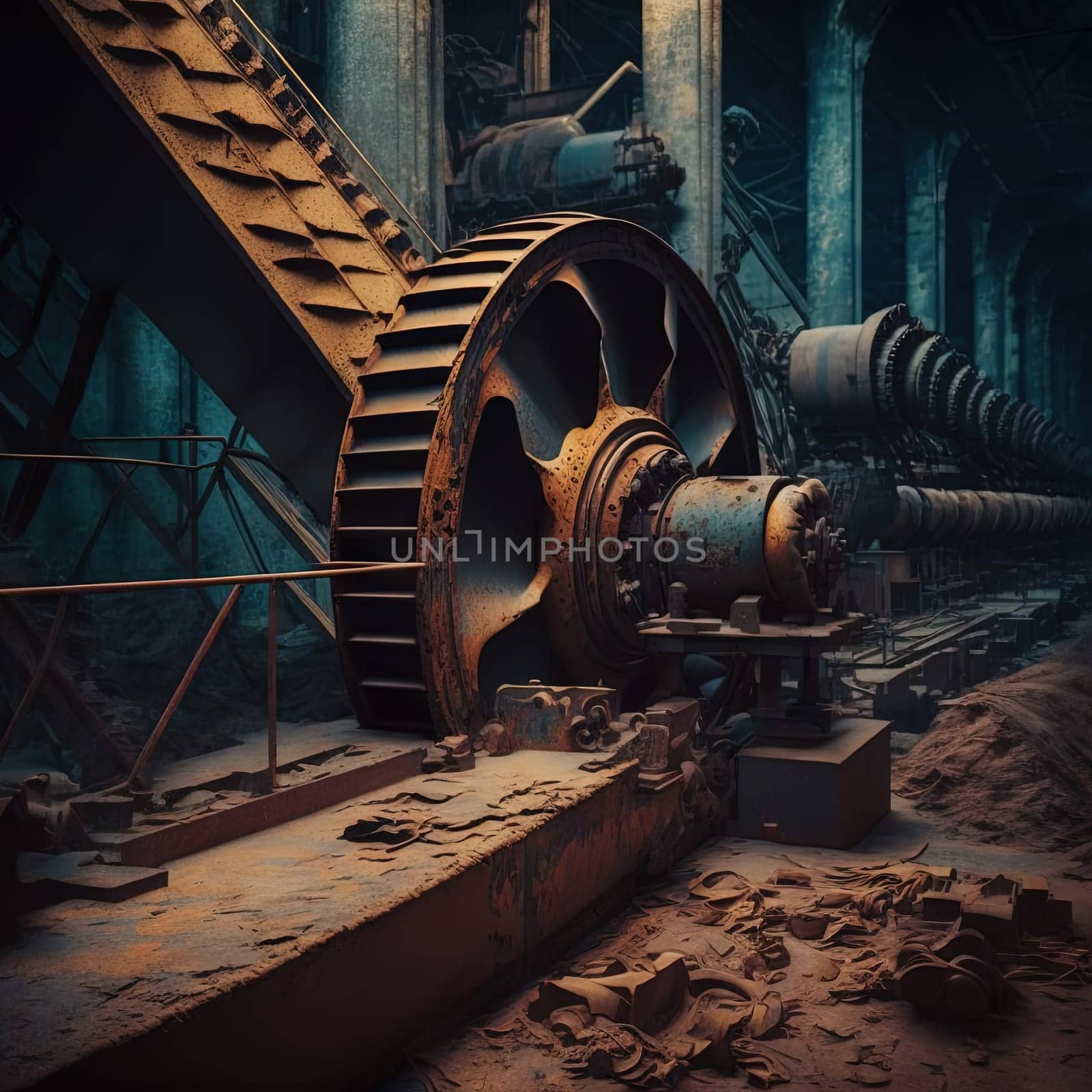 Abandoned industrial interior with old rusty machines. Creepy and dirty technology background. Generative AI illustration