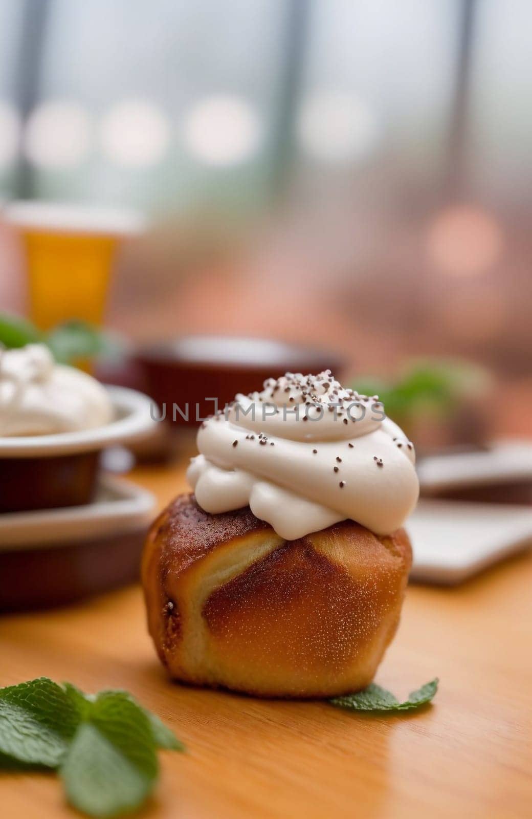 sweet cooked bun with cream, on an abstract background. AI generated image.