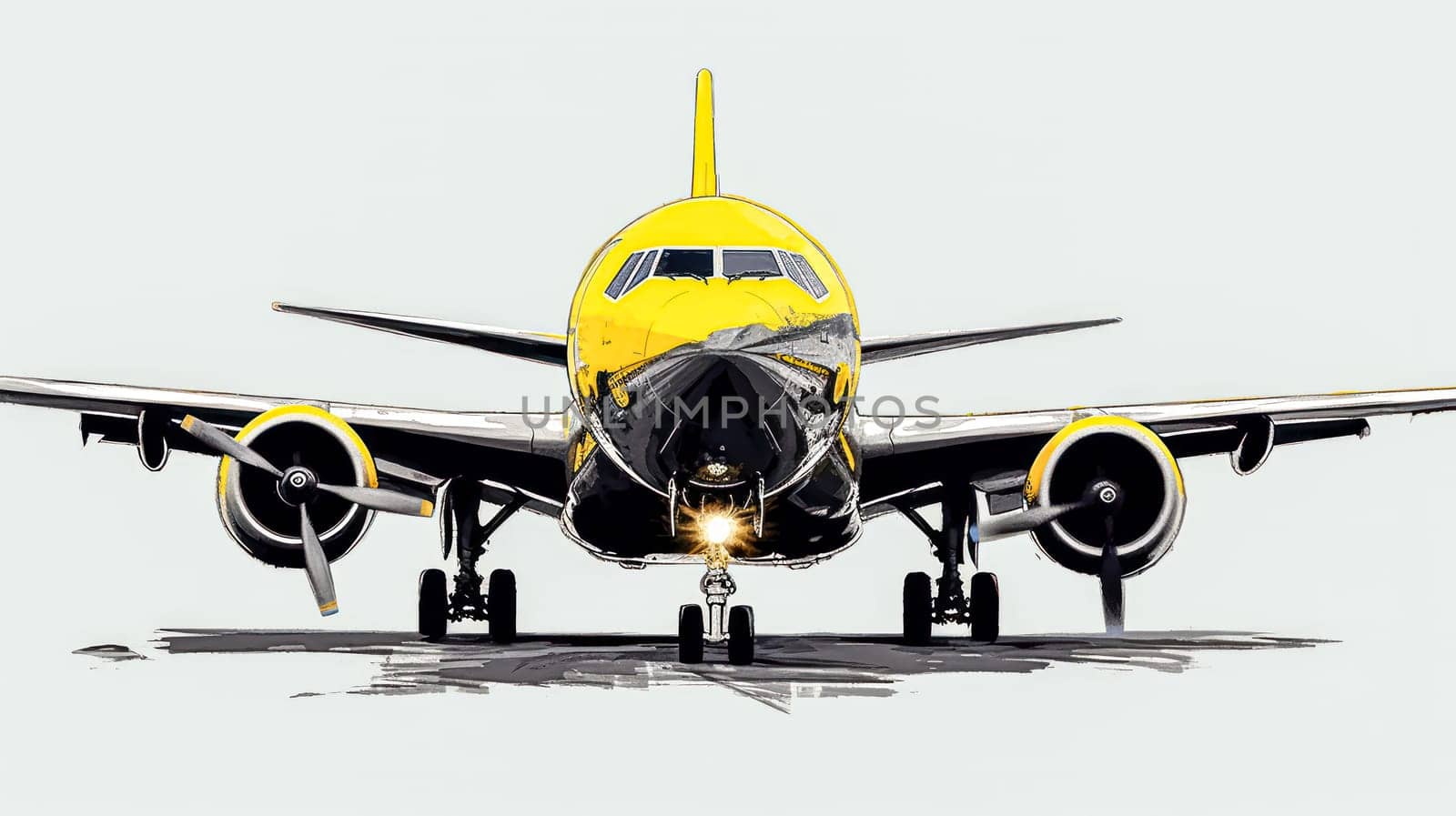 A charming watercolor sketch of an airplane with yellow gray lines, capturing the essence of travel and adventure in artistic detail.