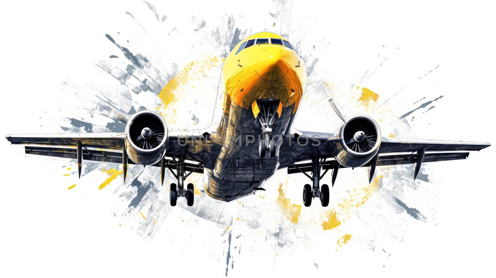 A charming watercolor sketch of an airplane with yellow gray lines by Alla_Morozova93