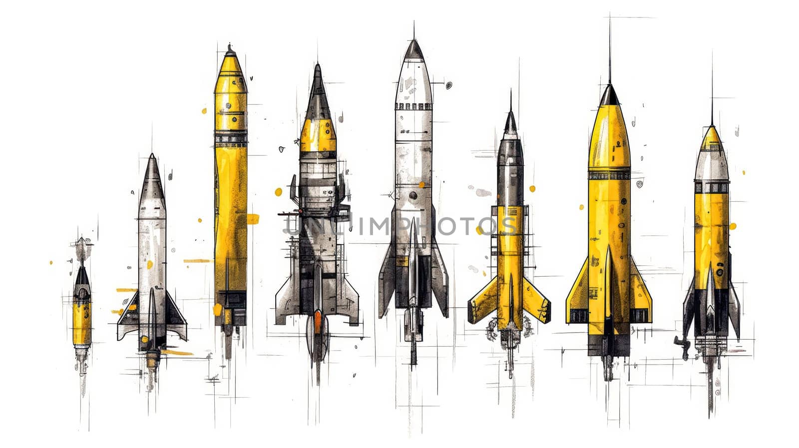 An intriguing watercolor sketch featuring rockets and shells outlined by Alla_Morozova93