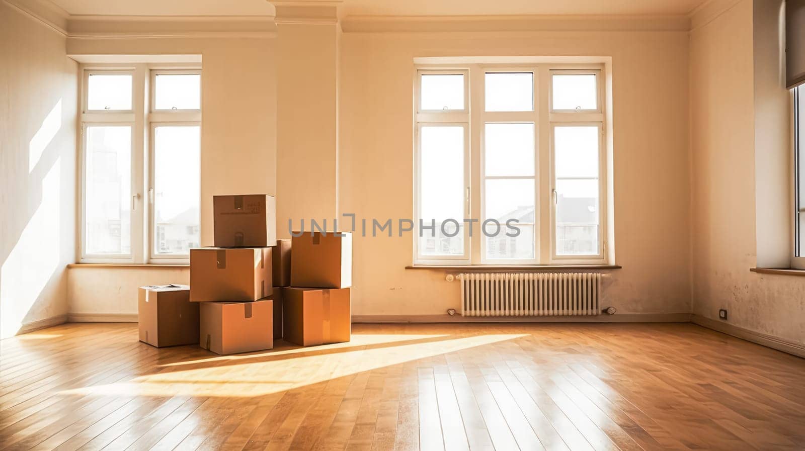 Cardboard boxes and household items indoors, ideal for moving day concepts. Space available for text or additional elements.