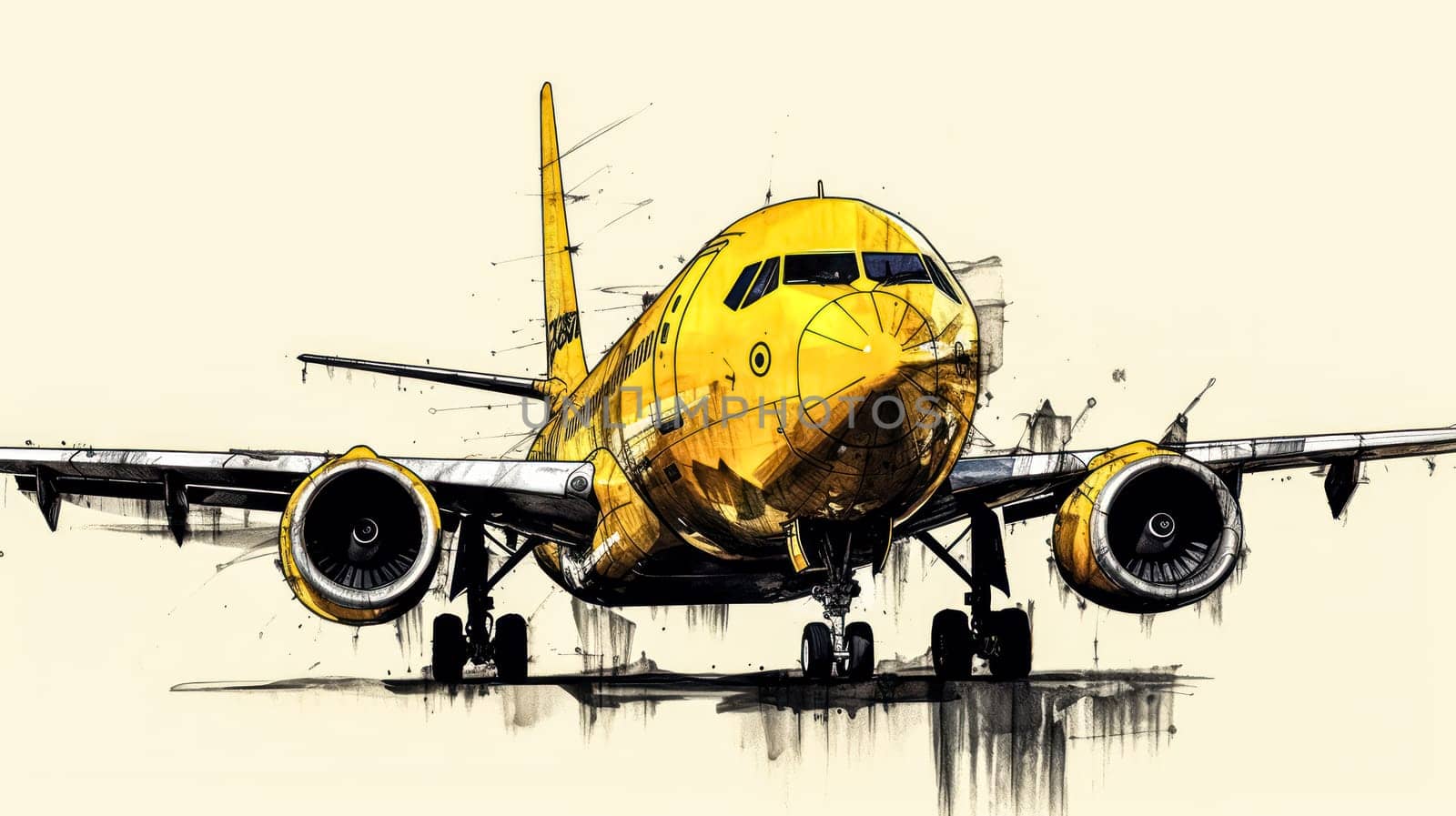 A charming watercolor sketch of an airplane with yellow gray lines by Alla_Morozova93