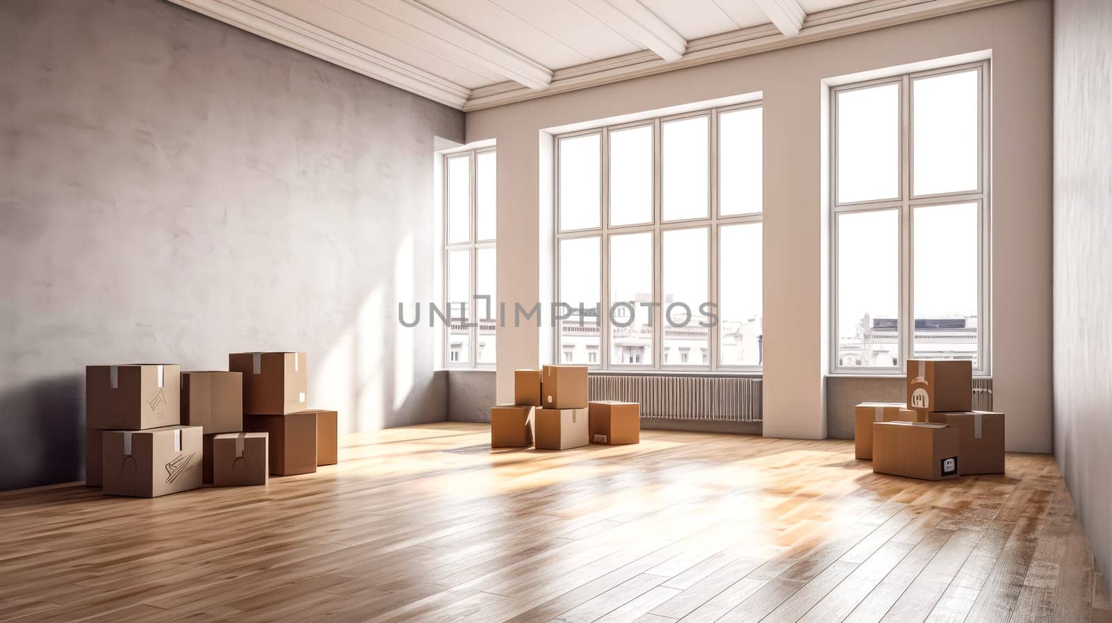 Cardboard boxes and household items indoors, ideal for moving day concepts. by Alla_Morozova93