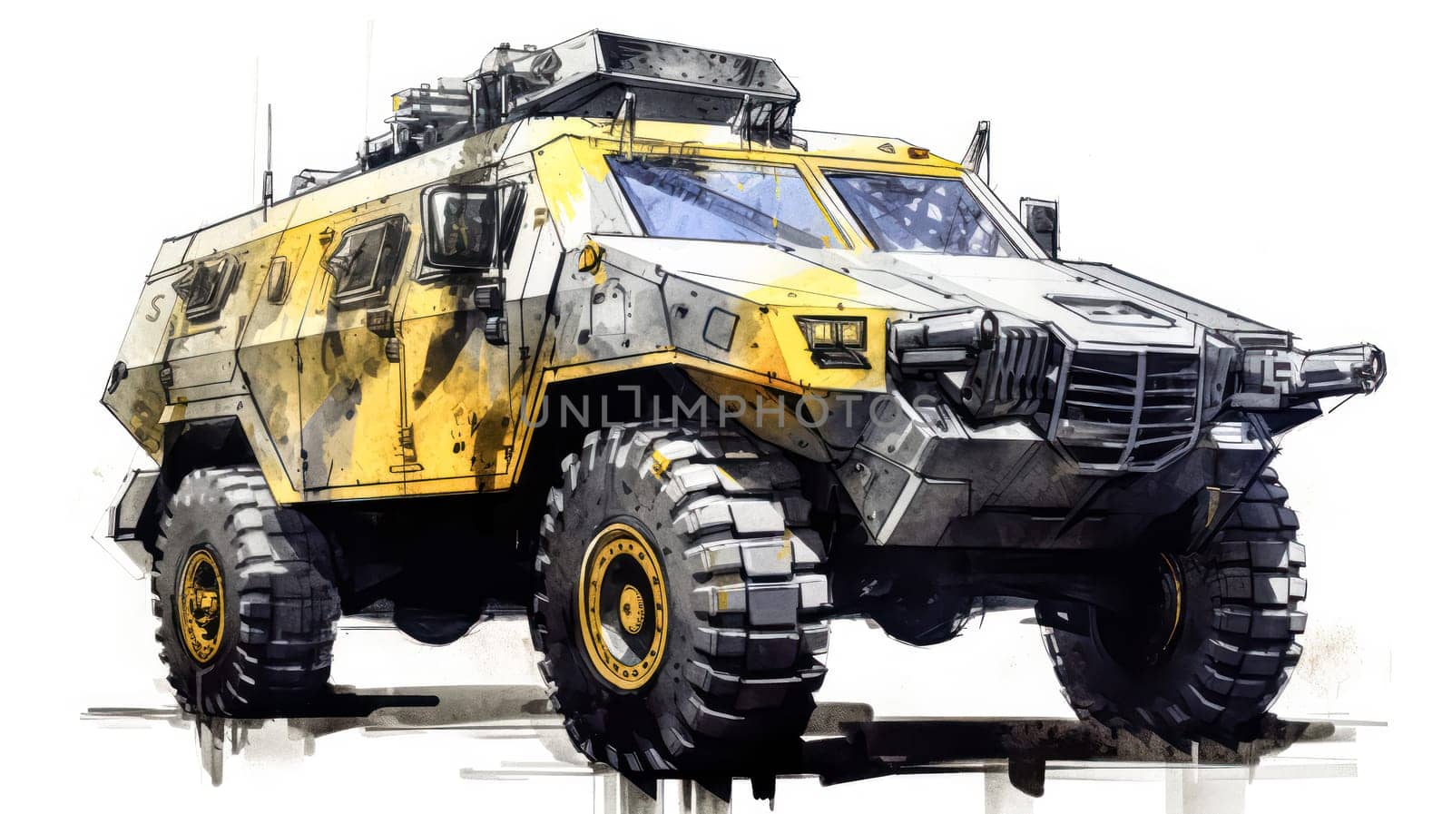 A dynamic watercolor sketch of a combat vehicle with yellow gray lines by Alla_Morozova93