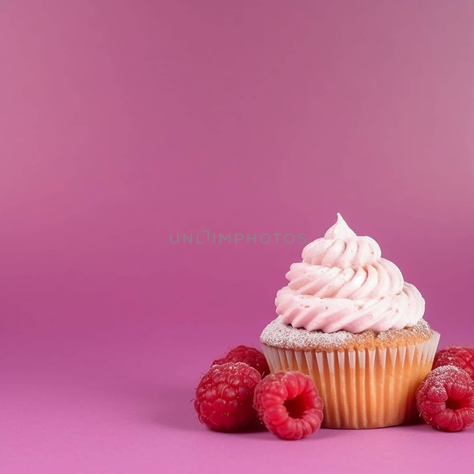A pink raspberry cupcake on a purple background