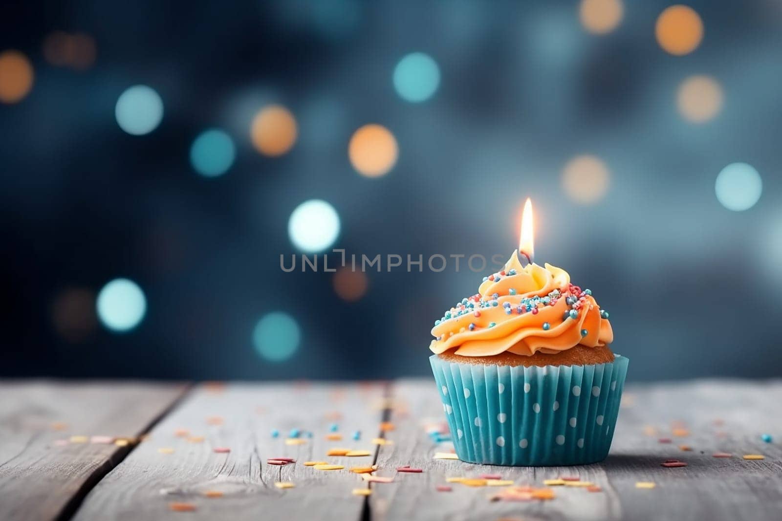 A lit birthday candle on a cupcake with sprinkles against a bokeh background.