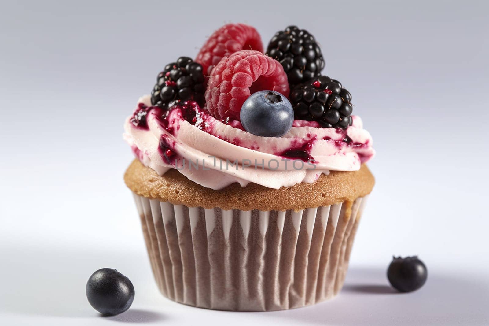 A delicious cupcake topped with cream and fresh berries