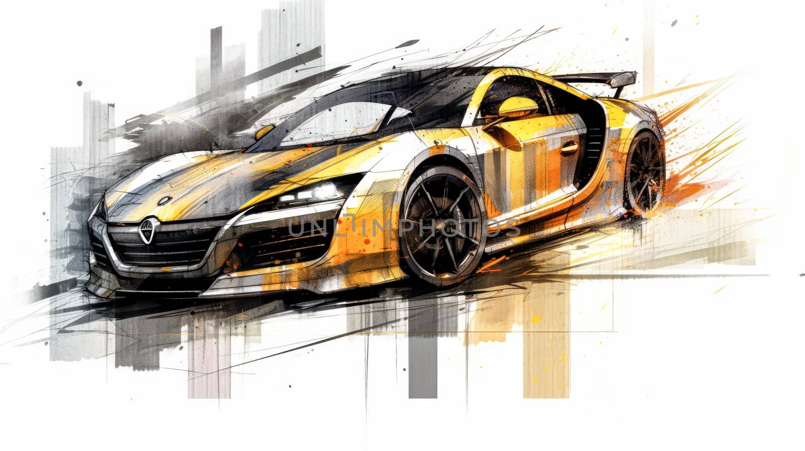 A dynamic watercolor sketch of a sleek sports car with yellow gray lines, capturing the essence of speed and sophistication in artistic detail.