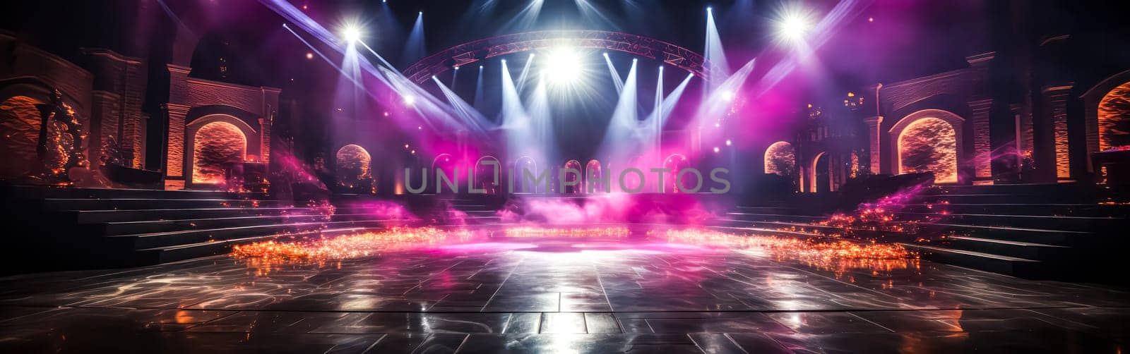 An empty dance floor bathed in vibrant blue violet lighting, with reflections on the ground, creating an atmospheric ambiance for party and event concepts.