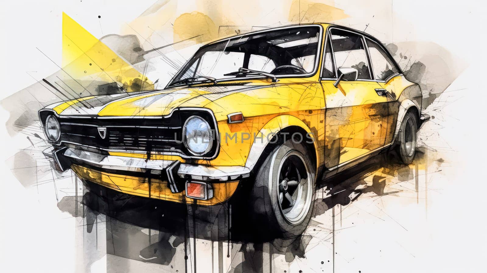A nostalgic watercolor sketch of a retro car with yellow gray lines by Alla_Morozova93