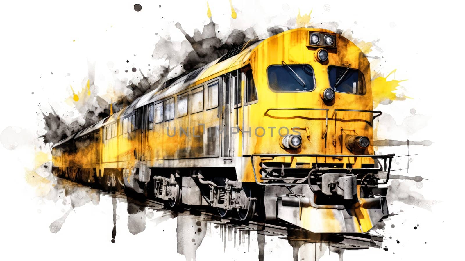 A charming watercolor sketch of a train with yellow gray lines, capturing the nostalgia and adventure of rail travel in artistic detail.
