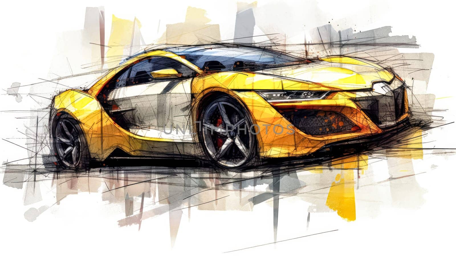 A dynamic watercolor sketch of a sleek sports car with yellow gray lines, capturing the essence of speed and sophistication in artistic detail.