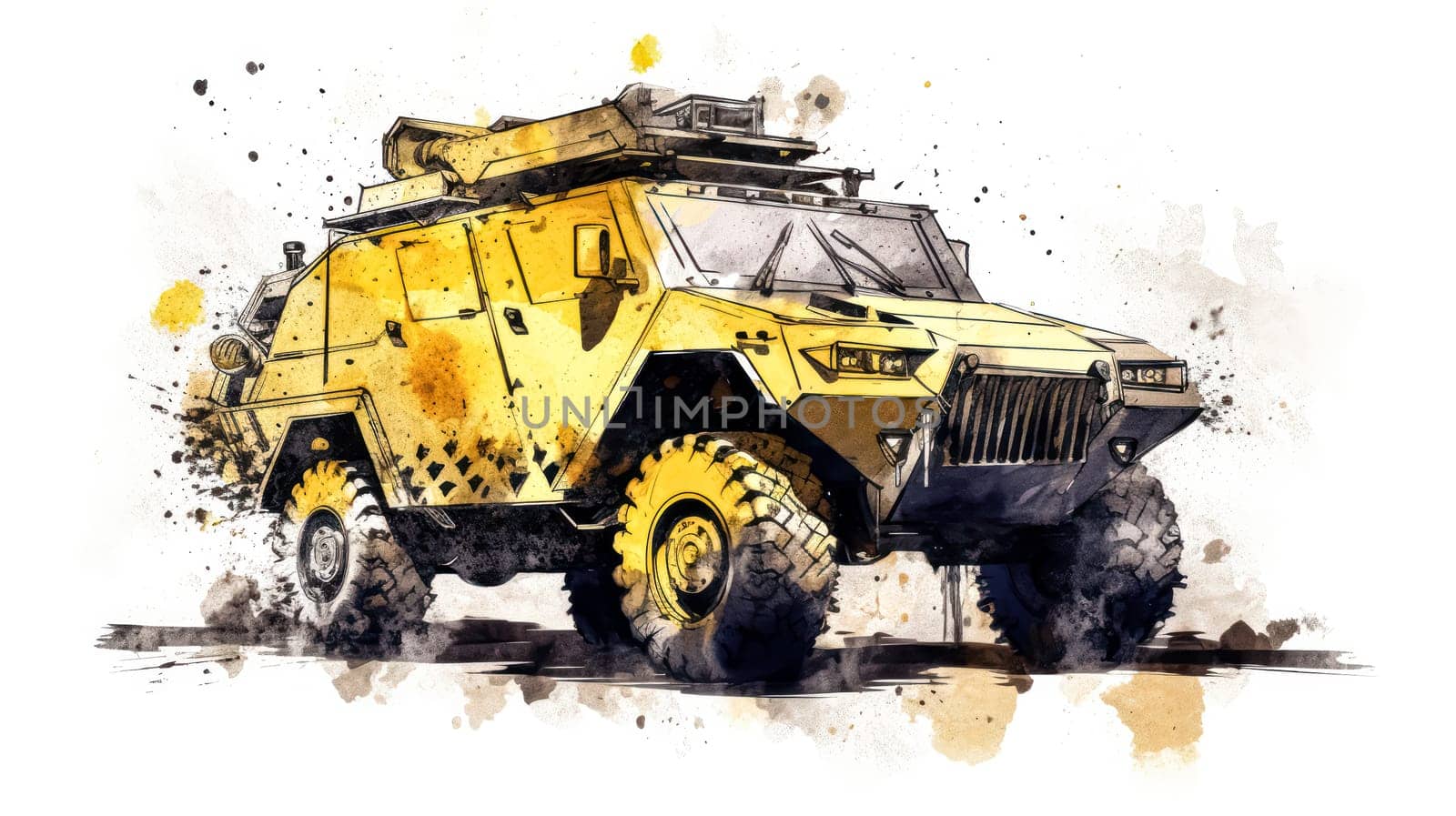 A dynamic watercolor sketch of a combat vehicle with yellow gray lines by Alla_Morozova93