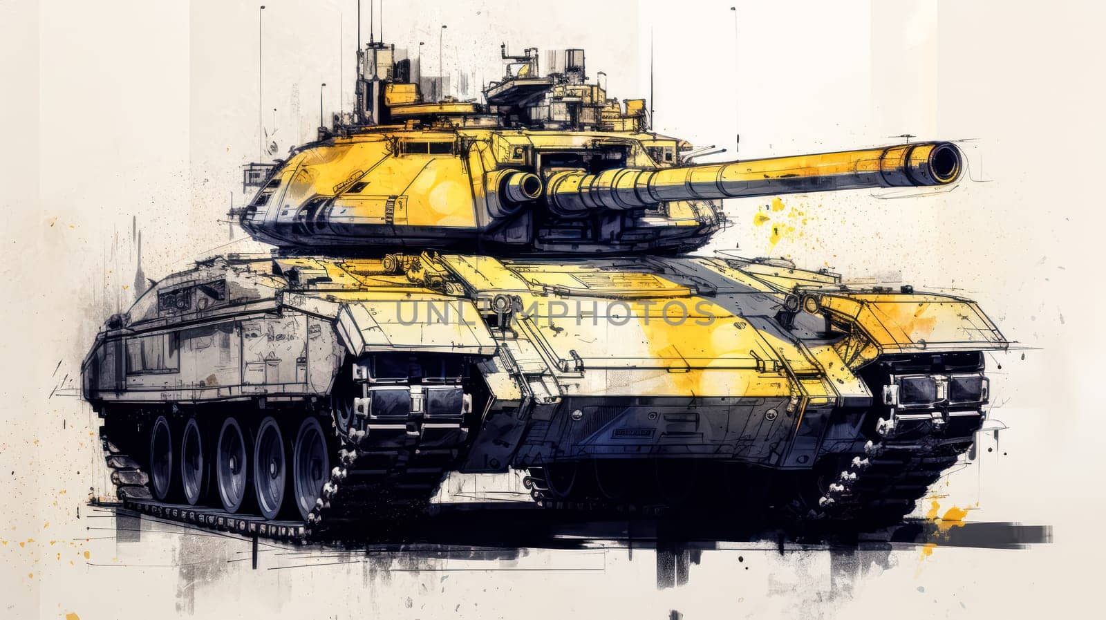 A striking watercolor sketch of a tank with yellow gray lines, showcasing military power and rugged strength in artistic detail.