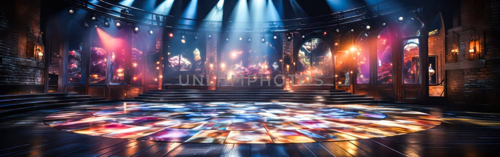 An empty dance floor bathed in vibrant blue violet lighting, with reflections on the ground, creating an atmospheric ambiance for party and event concepts.