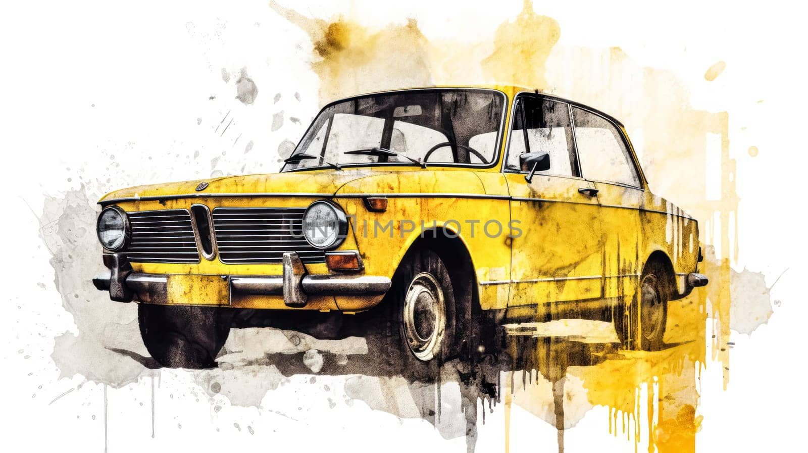 A nostalgic watercolor sketch of a retro car with yellow gray lines, evoking vintage charm and classic style in artistic detail.