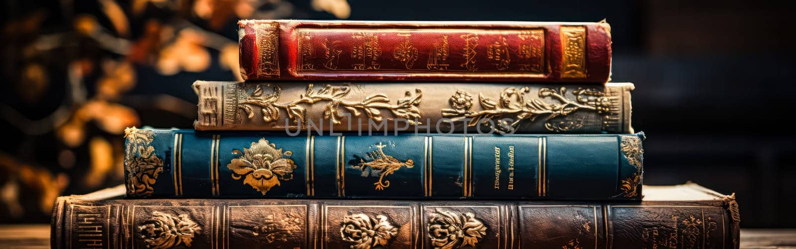 Close up view of antique books, showcasing their aged pages and intricate bindings, perfect for conveying a sense of nostalgia and literary charm.