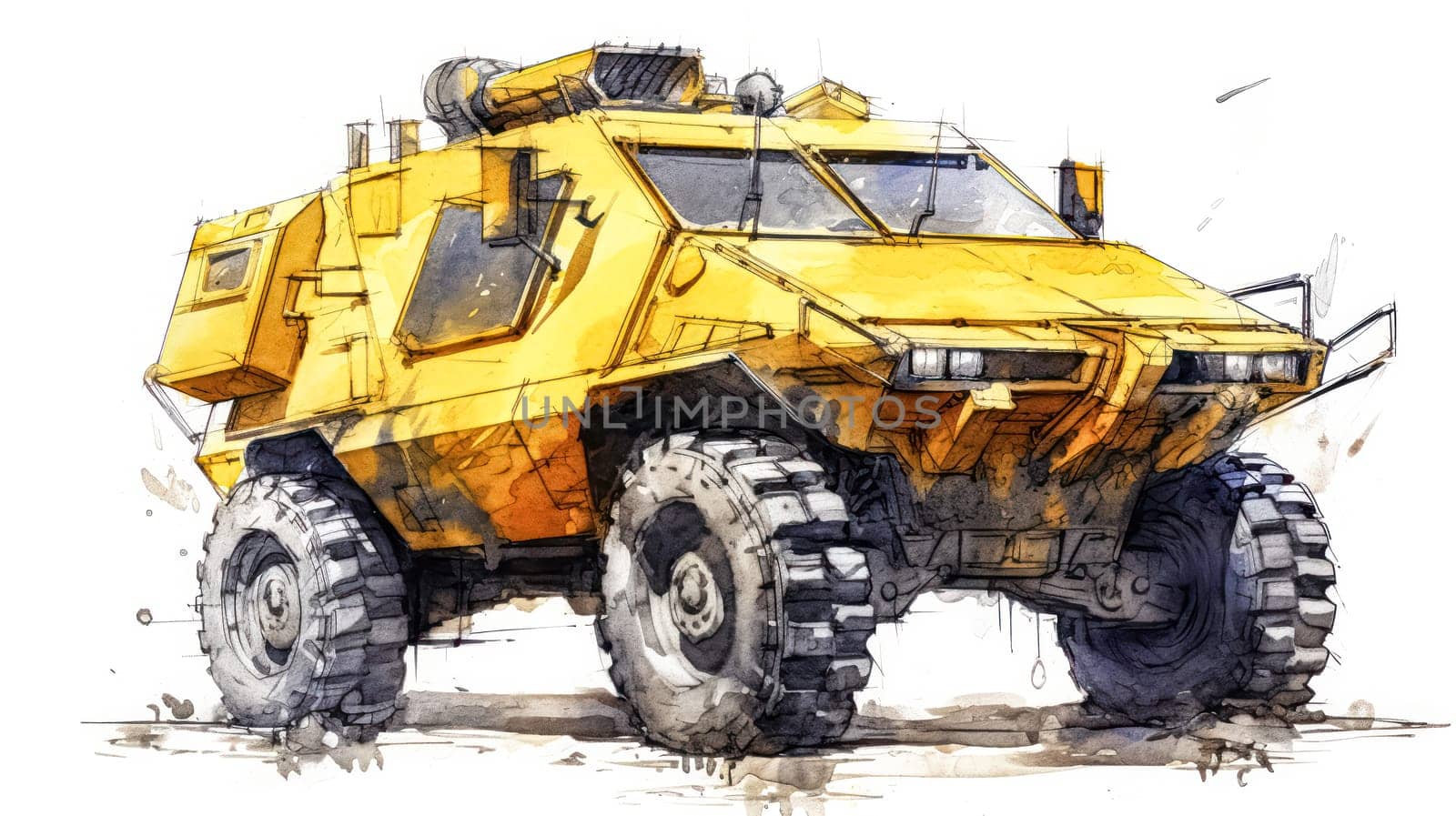 A dynamic watercolor sketch of a combat vehicle with yellow gray lines by Alla_Morozova93
